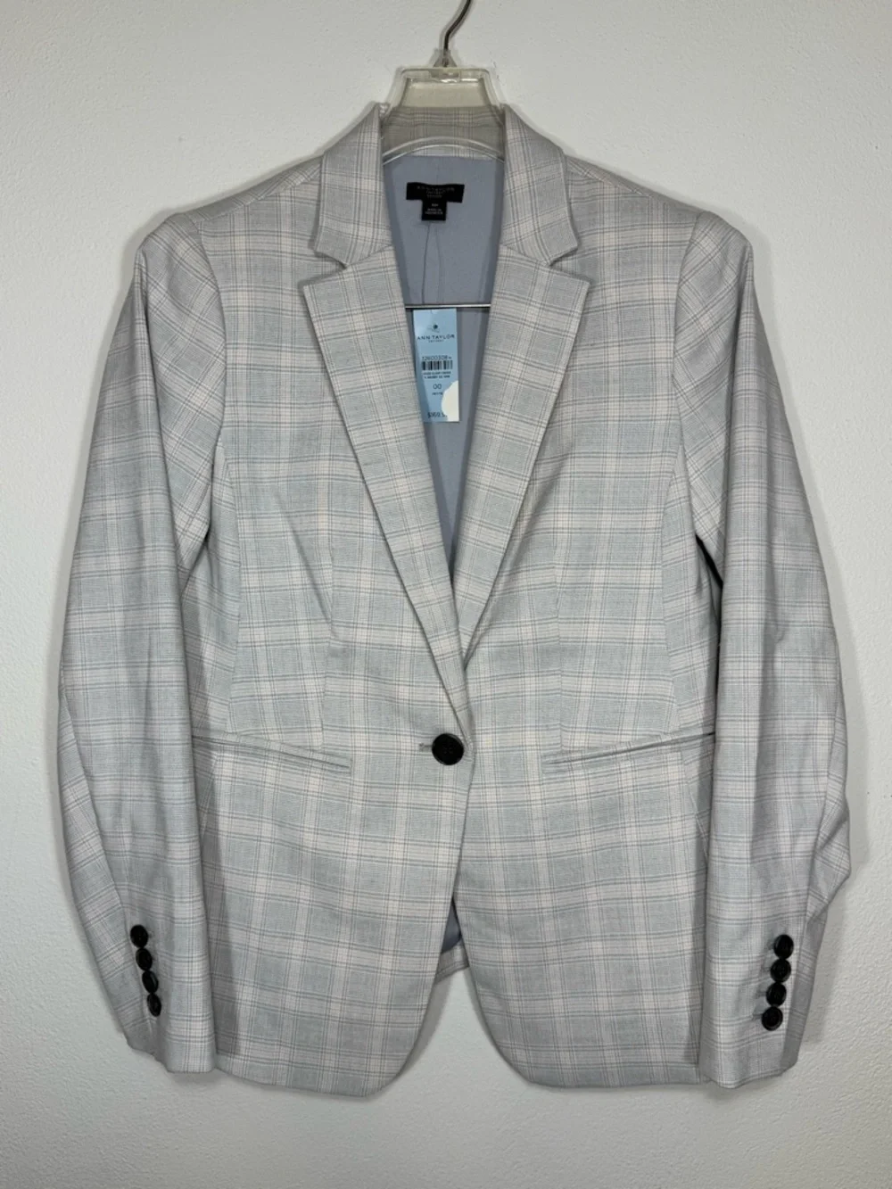 NWT Ann Taylor Factory Petite Light Grey Light Pink Plaid Blazer Size 00P - Picture 1 of 8